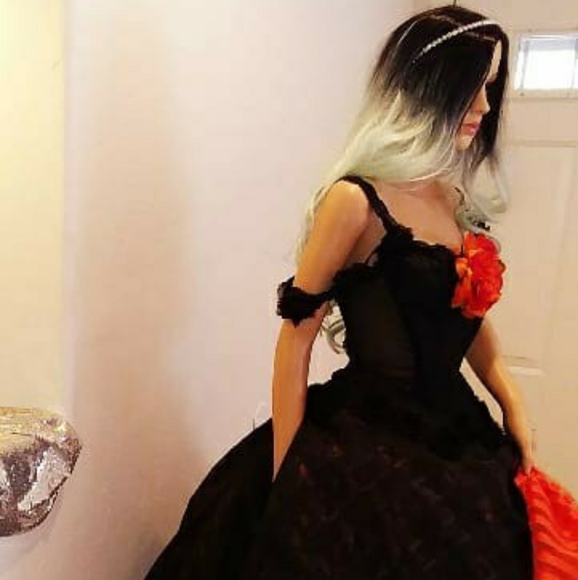 Sample Gown Only - DRUNELLA Goth Black & Orange Wedding Ballgown Set - Picture 3 of 7